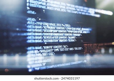 Multi exposure of abstract graphic coding sketch on blurry contemporary office building background, big data and networking concept