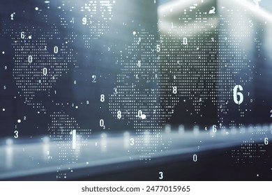 Multi exposure of abstract graphic coding sketch and world map on blurry contemporary office building background, big data and networking concept