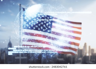 Multi exposure of abstract graphic coding sketch and world map on US flag and skyline background, big data and networking concept - Powered by Shutterstock - Get 15% off with code: PIKWIZARD15