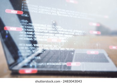 Multi exposure of abstract graphic coding sketch on modern computer background, big data and networking concept