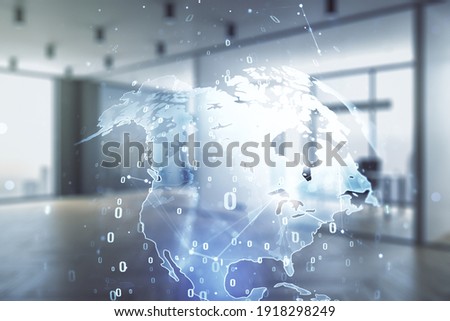 Multi exposure of abstract graphic coding sketch and world map on a modern furnished classroom background, big data and networking concept