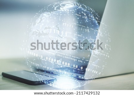 Multi exposure of abstract graphic coding sketch with world map on modern computer background, big data and networking concept