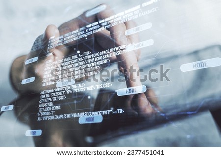 Multi exposure of abstract graphic coding sketch and hand working with a digital tablet on background, big data and networking concept