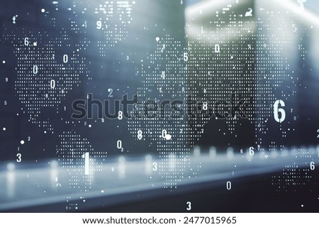 Multi exposure of abstract graphic coding sketch and world map on blurry contemporary office building background, big data and networking concept