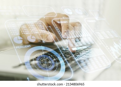 Multi exposure of abstract graphic data spreadsheet sketch with hands typing on computer keyboard on background, analytics and analysis concept