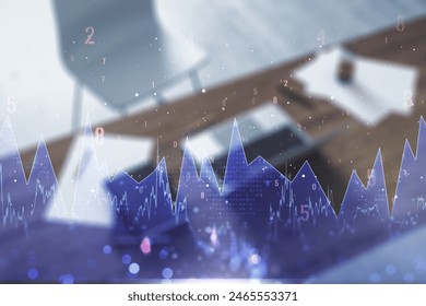 Multi exposure of abstract graphic data spreadsheet sketch and modern desktop with pc on background, analytics and analysis concept