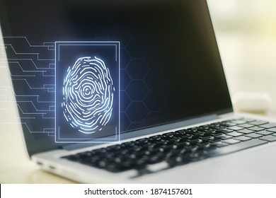 Multi exposure of abstract graphic fingerprint sketch on modern computer background, fingerprint scan data concept