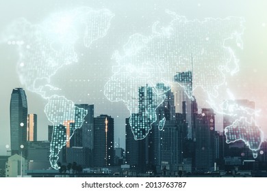 Multi exposure of abstract graphic world map on Los Angeles cityscape background, big data and networking concept