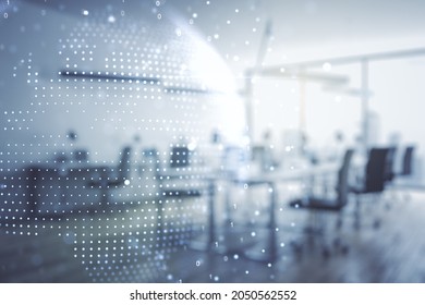 Multi exposure of abstract graphic world map hologram on a modern furnished office interior background, connection and communication concept - Shutterstock ID 2050562552