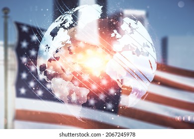 Multi Exposure Of Abstract Graphic World Map Hologram On US Flag And City Background, Connection And Communication Concept