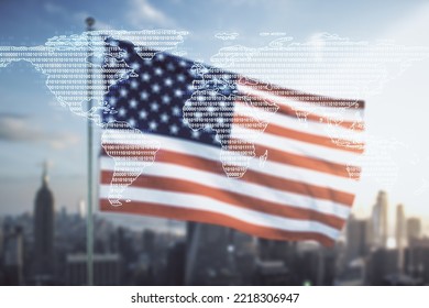 Multi exposure of abstract graphic world map on US flag and skyline background, big data and networking concept