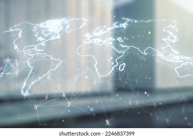 Multi exposure of abstract graphic world map hologram on contemporary business center exterior background, connection and communication concept