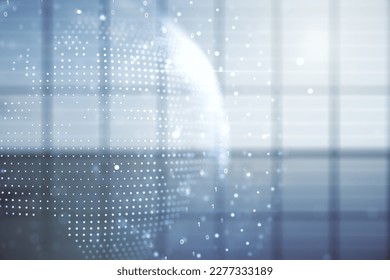 Multi exposure of abstract graphic world map on modern interior background, big data and networking concept