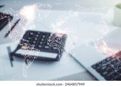 Multi exposure of abstract graphic world map hologram on calculator and pc background, connection and communication concept - Powered by Shutterstock - Get 15% off with code: PIKWIZARD15