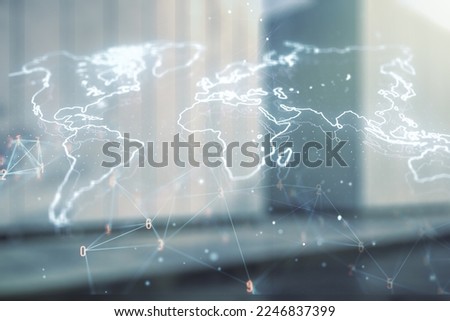 Multi exposure of abstract graphic world map hologram on contemporary business center exterior background, connection and communication concept
