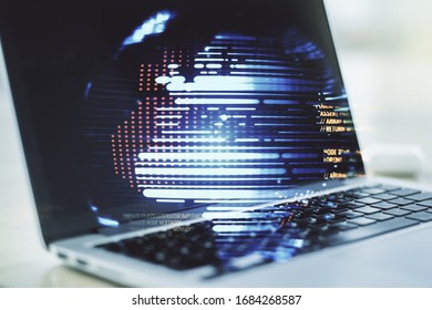 Multi exposure of abstract programming language hologram with world map on computer background, artificial intelligence and neural networks concept