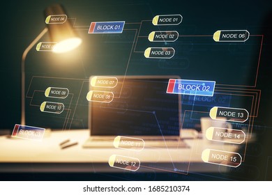 Multi exposure of abstract programming language hologram on computer background, artificial intelligence and neural networks concept