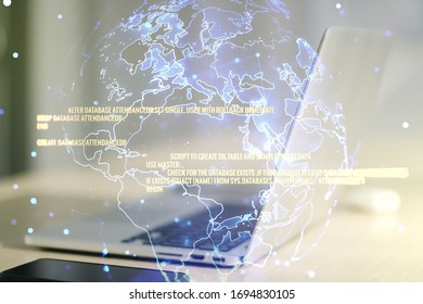Multi exposure of abstract programming language hologram with world map on computer background, artificial intelligence and neural networks concept