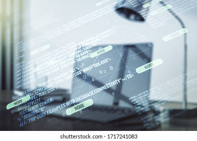 Multi exposure of abstract programming language hologram on computer background, artificial intelligence and neural networks concept