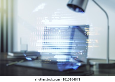 Multi exposure of abstract programming language hologram with world map on computer background, artificial intelligence and neural networks concept