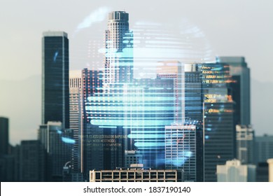 Multi exposure of abstract programming language hologram and world map on Los Angeles office buildings background, artificial intelligence and neural networks concept