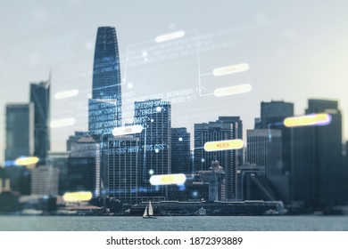 Multi exposure of abstract programming language hologram on San Francisco office buildings background, artificial intelligence and machine learning concept - Powered by Shutterstock - Get 15% off with code: PIKWIZARD15