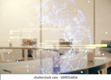 Multi exposure of abstract programming language hologram and world map on a modern furnished office interior background, artificial intelligence and neural networks concept