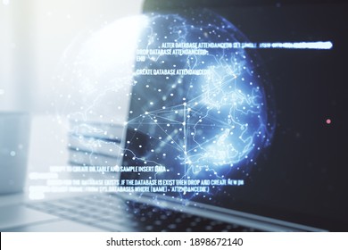 Multi exposure of abstract programming language hologram with world map on computer background, artificial intelligence and neural networks concept