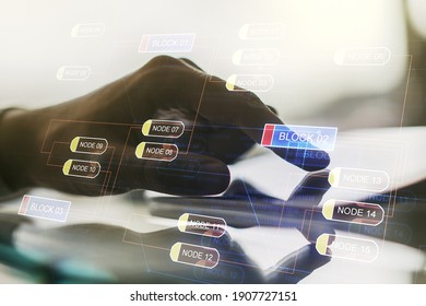 Multi exposure of abstract programming language hologram and hand working with a digital tablet on background, artificial intelligence and machine learning concept