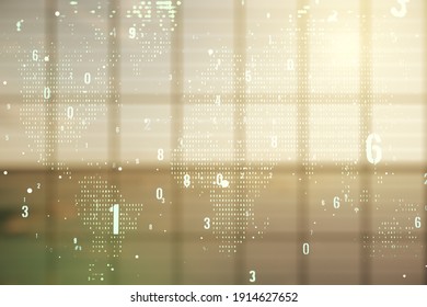 Multi exposure of abstract programming language hologram and world map on abstract empty interior background, artificial intelligence and neural networks concept