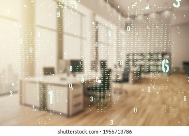 Multi exposure of abstract programming language hologram and world map on a modern furnished office interior background, artificial intelligence and neural networks concept