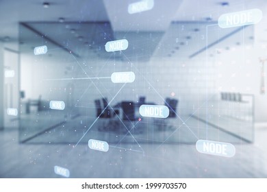 Multi exposure of abstract programming language hologram on a modern furnished office interior background, artificial intelligence and machine learning concept