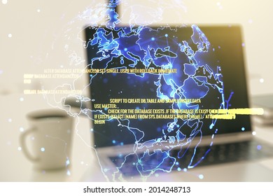 Multi exposure of abstract programming language hologram with world map on computer background, artificial intelligence and neural networks concept