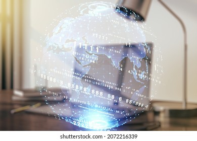 Multi exposure of abstract programming language hologram with world map on computer background, artificial intelligence and neural networks concept
