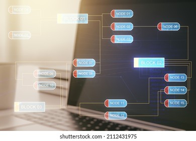 Multi exposure of abstract programming language hologram on computer background, artificial intelligence and neural networks concept