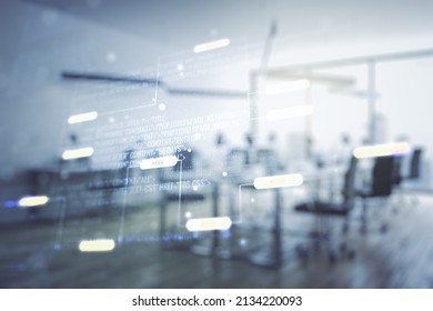 Multi exposure of abstract programming language hologram on a modern furnished office interior background, artificial intelligence and machine learning concept