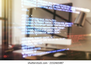 Multi exposure of abstract programming language hologram on computer background, artificial intelligence and neural networks concept - Shutterstock ID 2152465487