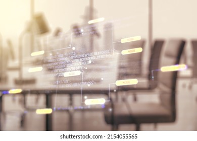 Multi exposure of abstract programming language hologram on a modern furnished office interior background, artificial intelligence and machine learning concept