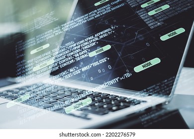 Multi exposure of abstract programming language hologram on computer background, artificial intelligence and machine learning concept