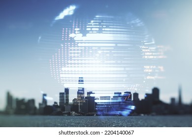 Multi exposure of abstract programming language hologram and world map on San Francisco office buildings background, artificial intelligence and neural networks concept