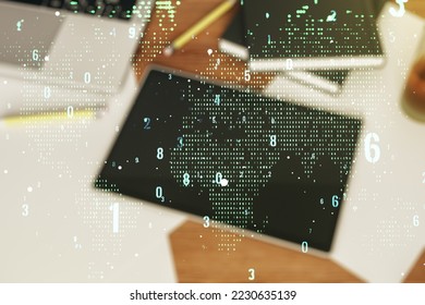 Multi exposure of abstract programming language hologram with world map and modern digital tablet on background, artificial intelligence and neural networks concept