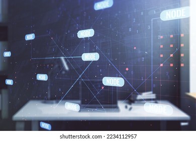 Multi exposure of abstract programming language hologram and modern desk with computer on background, artificial intelligence and machine learning concept