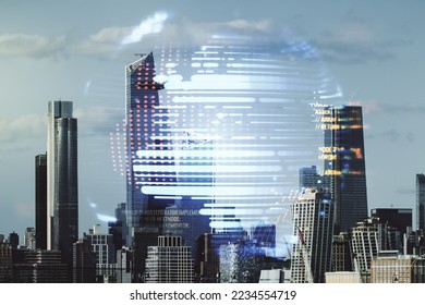 Multi exposure of abstract programming language hologram and world map on Manhattan office buildings background, artificial intelligence and neural networks concept