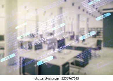 Multi exposure of abstract programming language hologram and world map on a modern furnished office interior background, artificial intelligence and neural networks concept