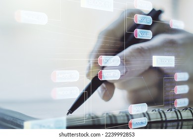 Multi exposure of abstract programming language hologram with man hand writing in notepad on background, artificial intelligence and machine learning concept