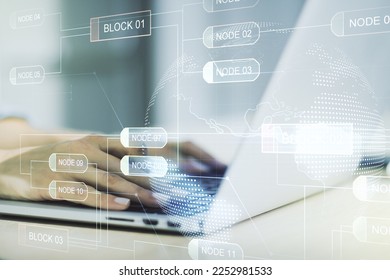 Multi exposure of abstract programming language hologram with world map and hands typing on computer keyboard on background, artificial intelligence and neural networks concept