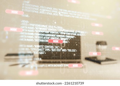 Multi exposure of abstract programming language hologram on computer background, artificial intelligence and neural networks concept