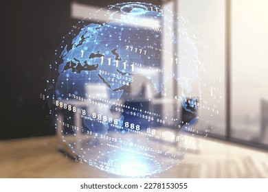 Multi exposure of abstract programming language hologram with world map and modern desk with computer on background, artificial intelligence and neural networks concept