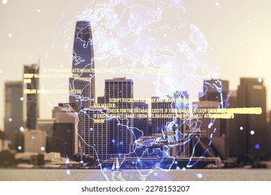 Multi exposure of abstract programming language hologram and world map on San Francisco office buildings background, artificial intelligence and neural networks concept