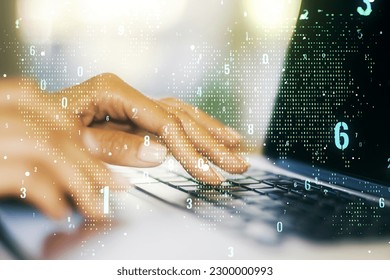 Multi exposure of abstract programming language hologram with world map and hands typing on computer keyboard on background, artificial intelligence and neural networks concept